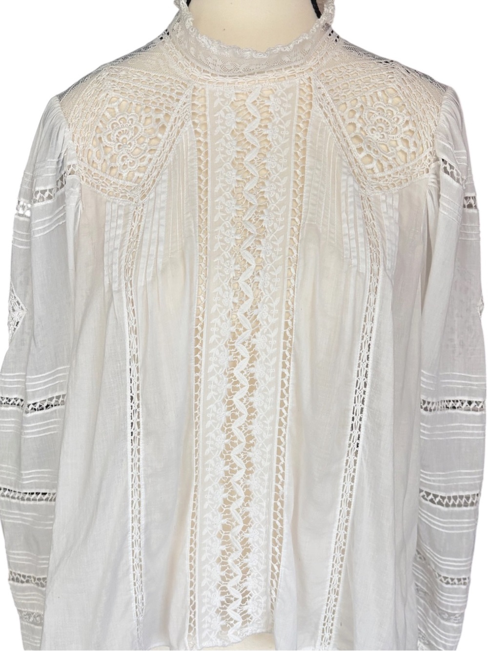 Dôen Lace Amaya Blouse Ivory Cotton Crochet Cutout High Neck Long Sleeve M - Picture 11 of 12